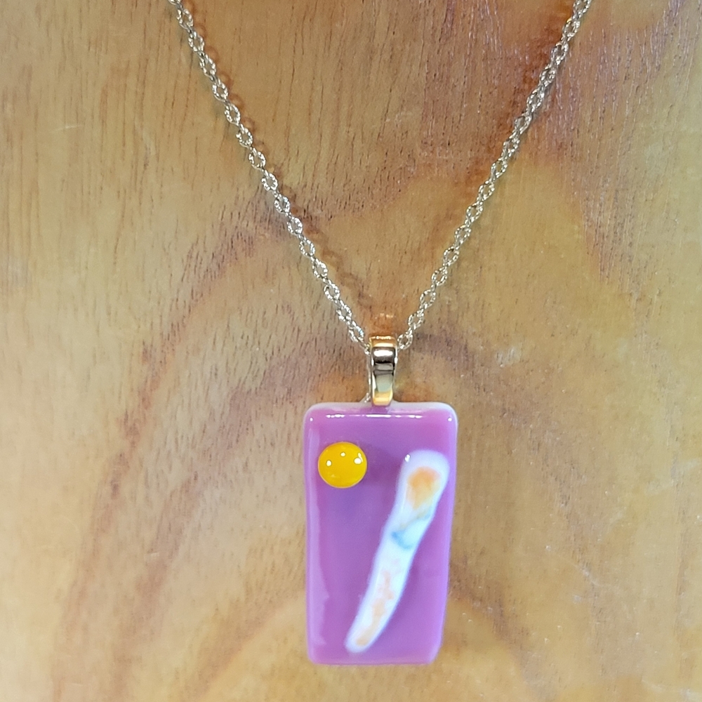 Pink, Yellow, White Fused Glass Puzzle Pendant w/ Gold Tone Chain by Lynn Smythe